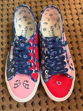 Superga women’s Multi-Panel Bandana Canvas Sneakers in Red, Pink & Navy